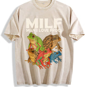 Milf Man I Love Frogs 90s Vintage Washed T-Shirt in Beige