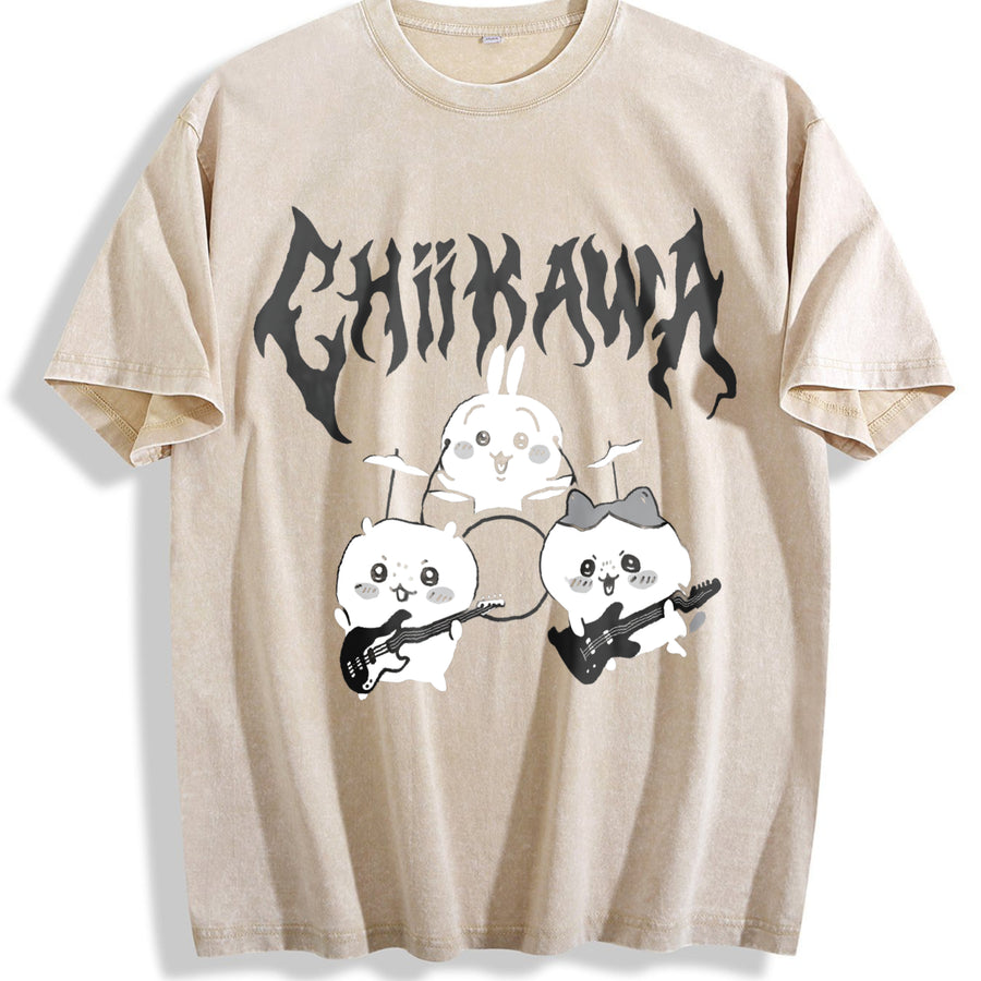 Heavy Metal Chiikawa Usagi Hachiware Hip Hop Festive vintage washed oversized T-shirt in Beige