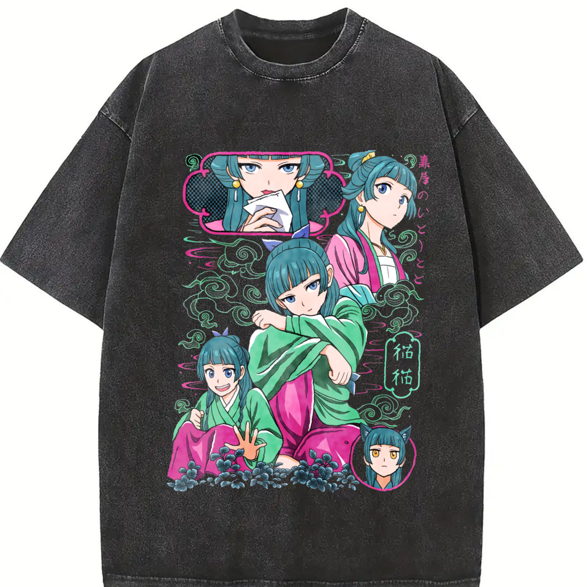 Anime The Apothecary Diaries Maomao Kawaii Harajuku vintage washed oversized T-shirt in Black
