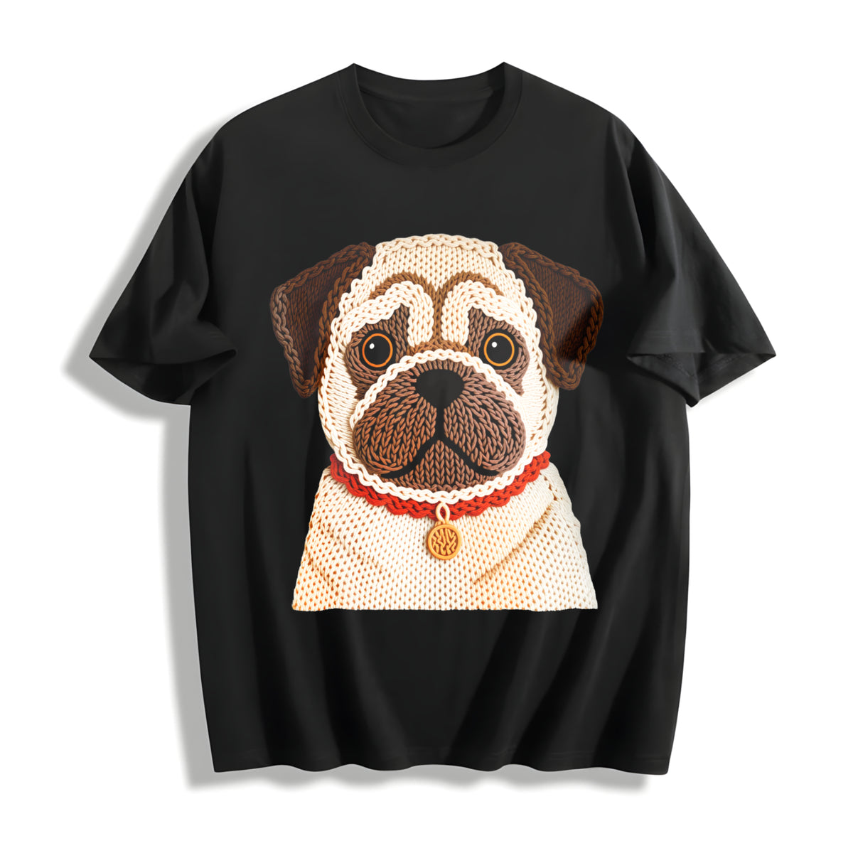 Winter a Pug Round-neck Long-sleeve Cotton T-Shirt in Black