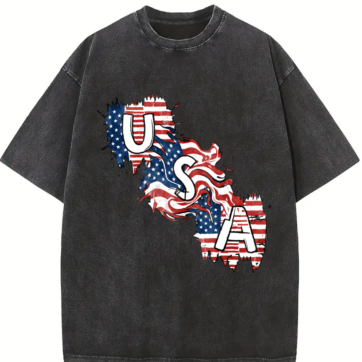 USA Map Flag Vintage Washed T-Shirt in Black