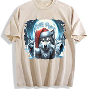 Retro Christmas Wolf Teenager Vintage Washed T-Shirt in Beige