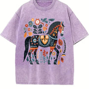 Bohemian Floral Horse One-piece Vintage Washed T-Shirt in Purple