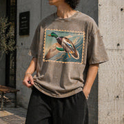 Waterfowl Stamp Art Vintage Washed T-Shirt in Brown