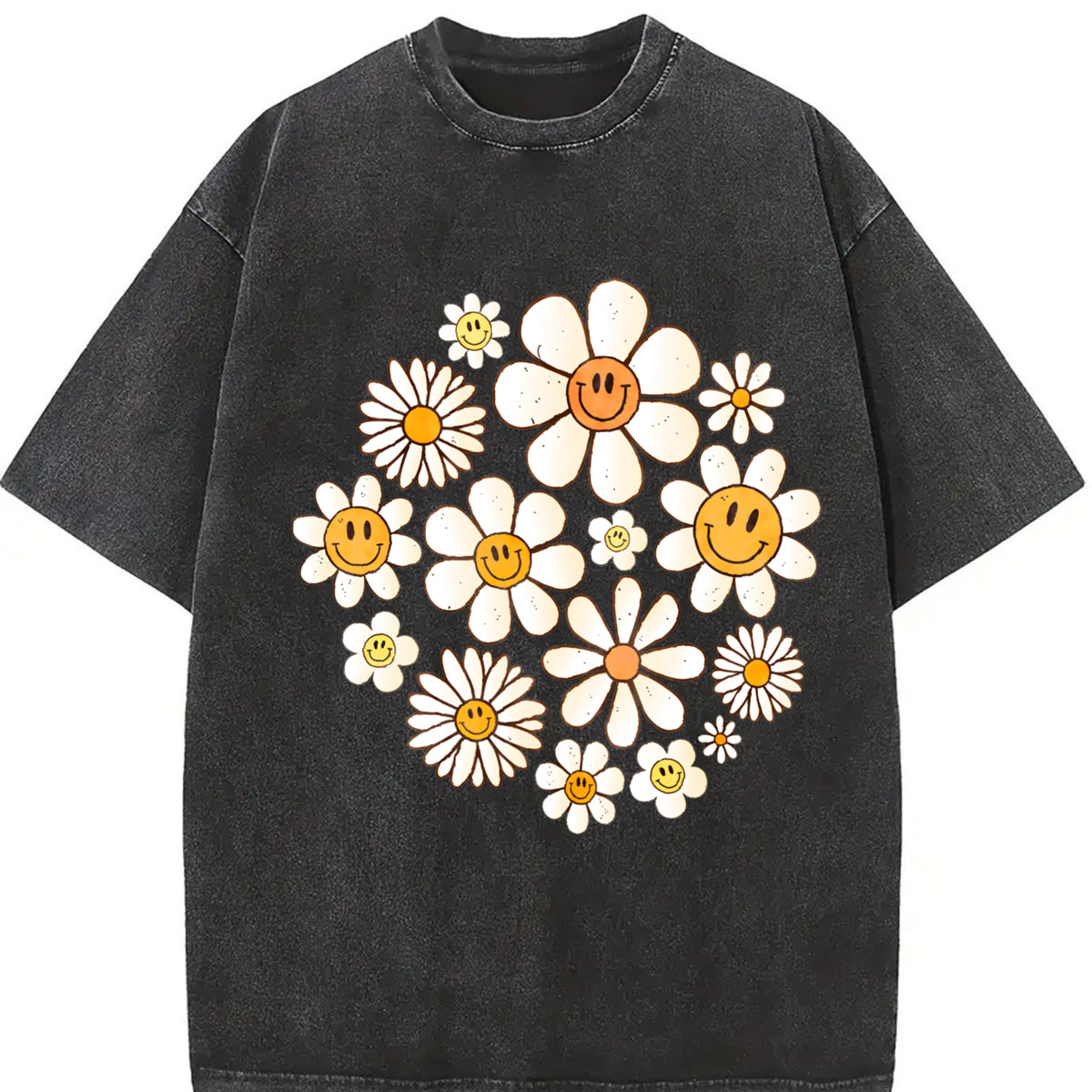 Retro Flowers Daisy Flower Vintage Washed T-Shirt in Black