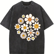 Retro Flowers Daisy Flower Vintage Washed T-Shirt in Black