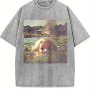 Cat in Water Meme Vintage Washed T-Shirt in Gray