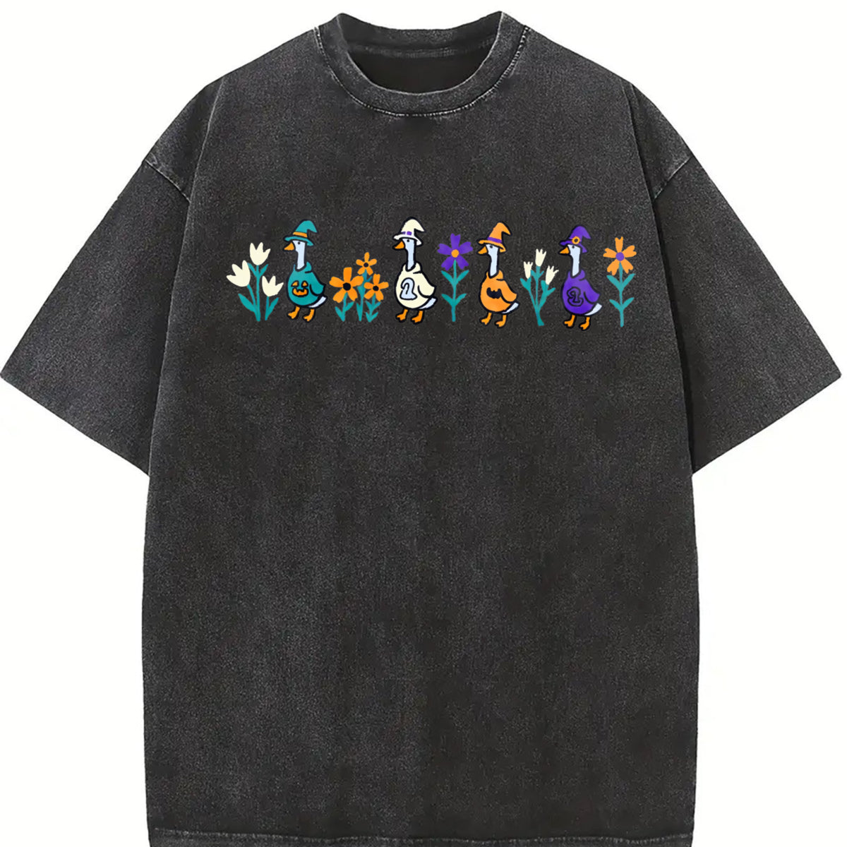 Halloween Goose Embroidered Vintage Washed T-Shirt in Black