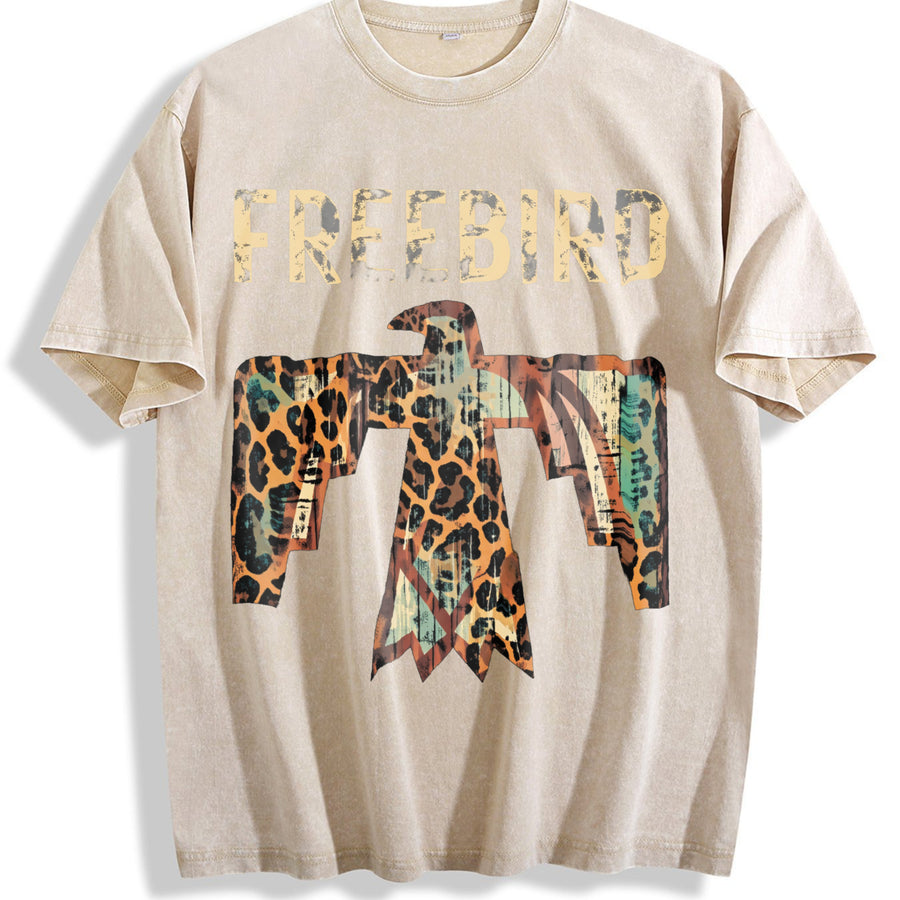 Free Bird Western Thunderbird Leopard vintage washed oversized T-shirt in Beige