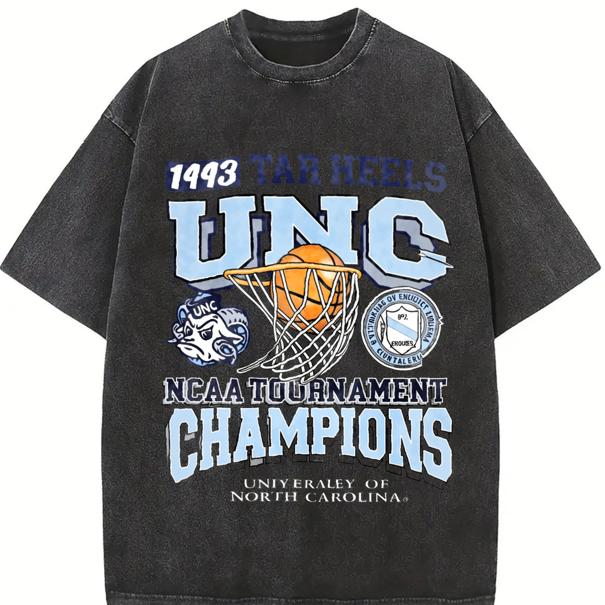UNC Tar Heels 1993 Basketball Champions Retro Street White Vintage Washed T-Shirt in Black