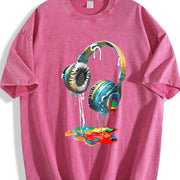 Loose Single Side - With Vibrant Headphones Drip Paint vintage washed oversized T-shirt in Red