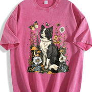 Dog Short-sleeve Blouse with Cute Puppy & Canine Patterns Vintage Washed T-Shirt in Red