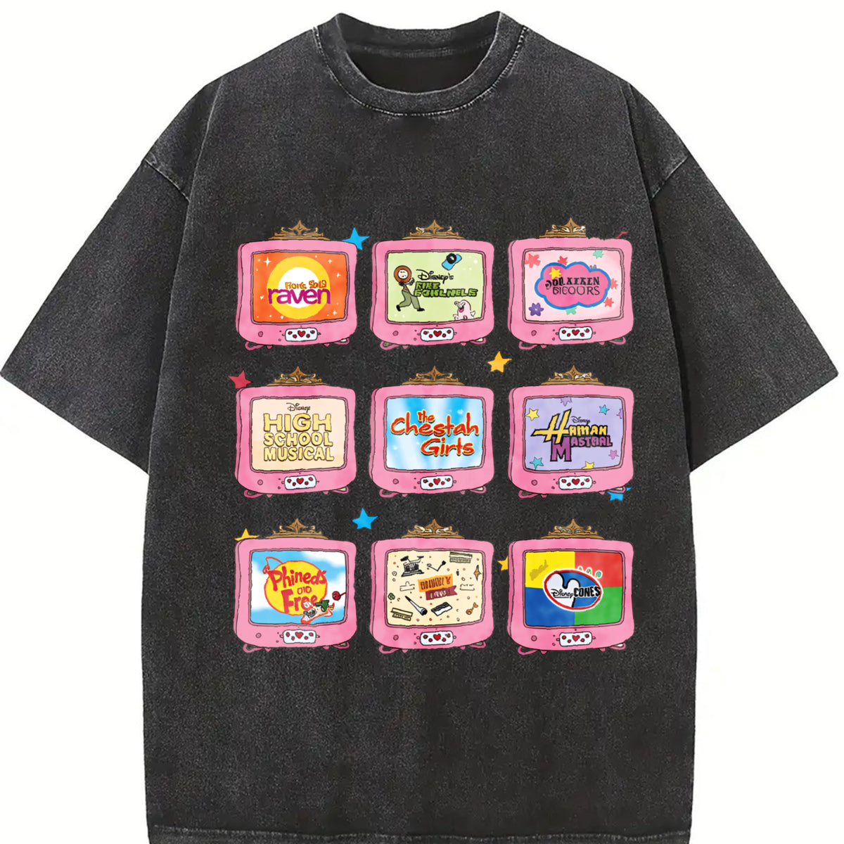 Retro Channel Movie Television Vintage Washed T-Shirt in Black