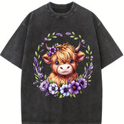 Baby Highland Cow With Purple Flowers Scottish Farm vintage washed oversized T-shirt in Black