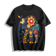 Bohemian Elephant with Vibrant Elephant & Floral Cotton T-Shirt in Black