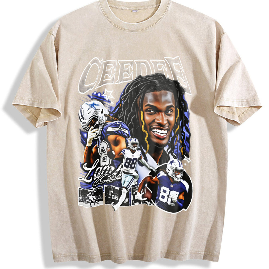 [ ] CeeDee Lamb Y2K Hip-Hop vintage washed oversized T-shirt in Beige