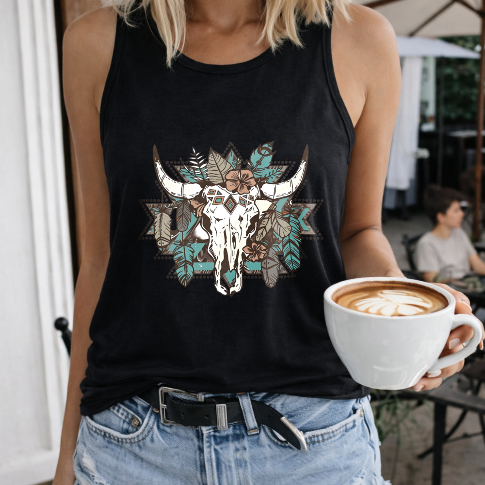 Western Cow Skull Women's Color Cotton Tank Top in Black