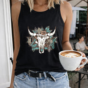 Bull Skull Floral Crew-neck Sleeveless Vest Outdoor Women's Color Cotton Tank Top in Black