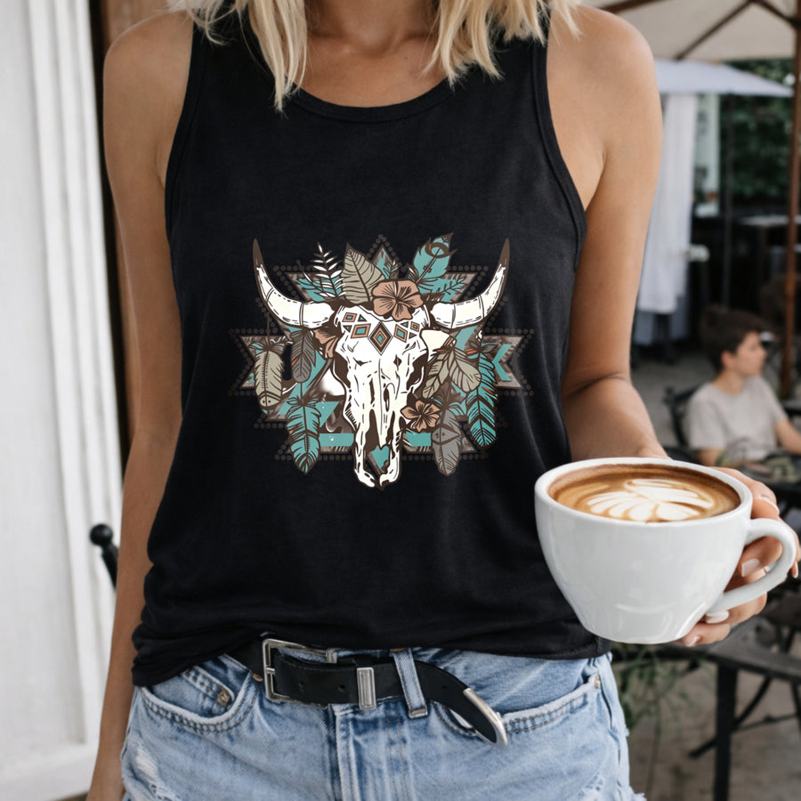 Bull Skull Floral Crew-neck Sleeveless Vest Outdoor Women's Color Cotton Tank Top in Black