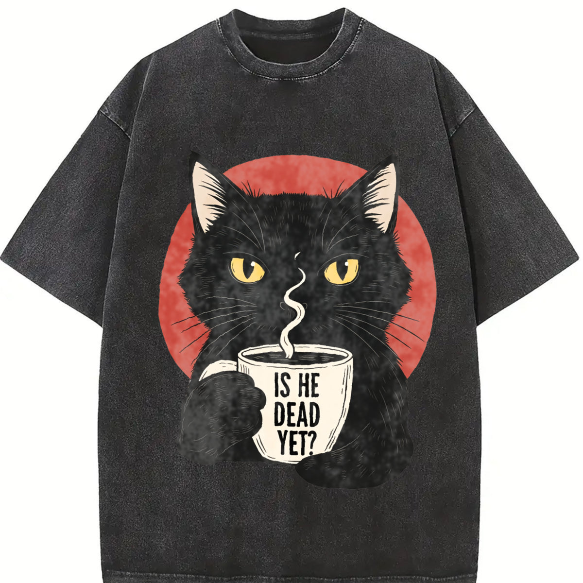 Is He Dead Yet Black Cat Vintage Washed T-Shirt in Black