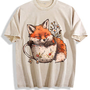 Winter: Little Fox Curled Up in a Floral Teacup Vintage Washed T-Shirt in Beige