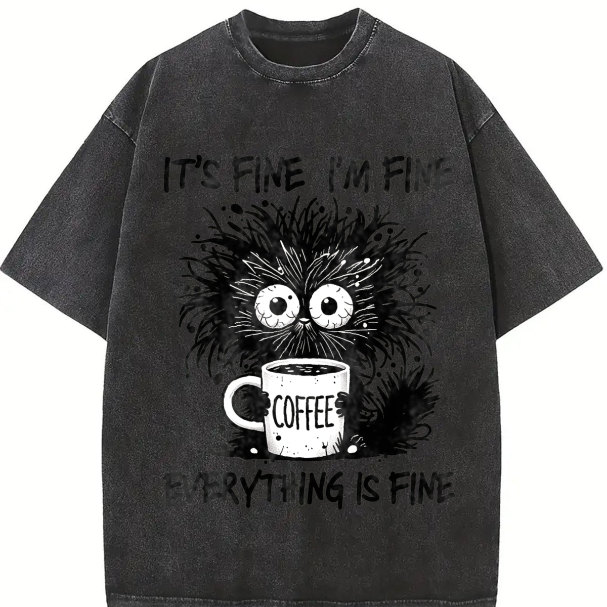 Animal Letter Furry Cat Coffee Vintage Washed T-Shirt in Black