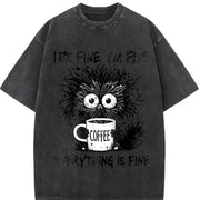 Animal Letter Furry Cat Coffee Vintage Washed T-Shirt in Black