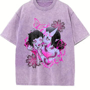 Japanese Demon Girl Gothic Sleeveless Tank Vintage Washed T-Shirt in Purple