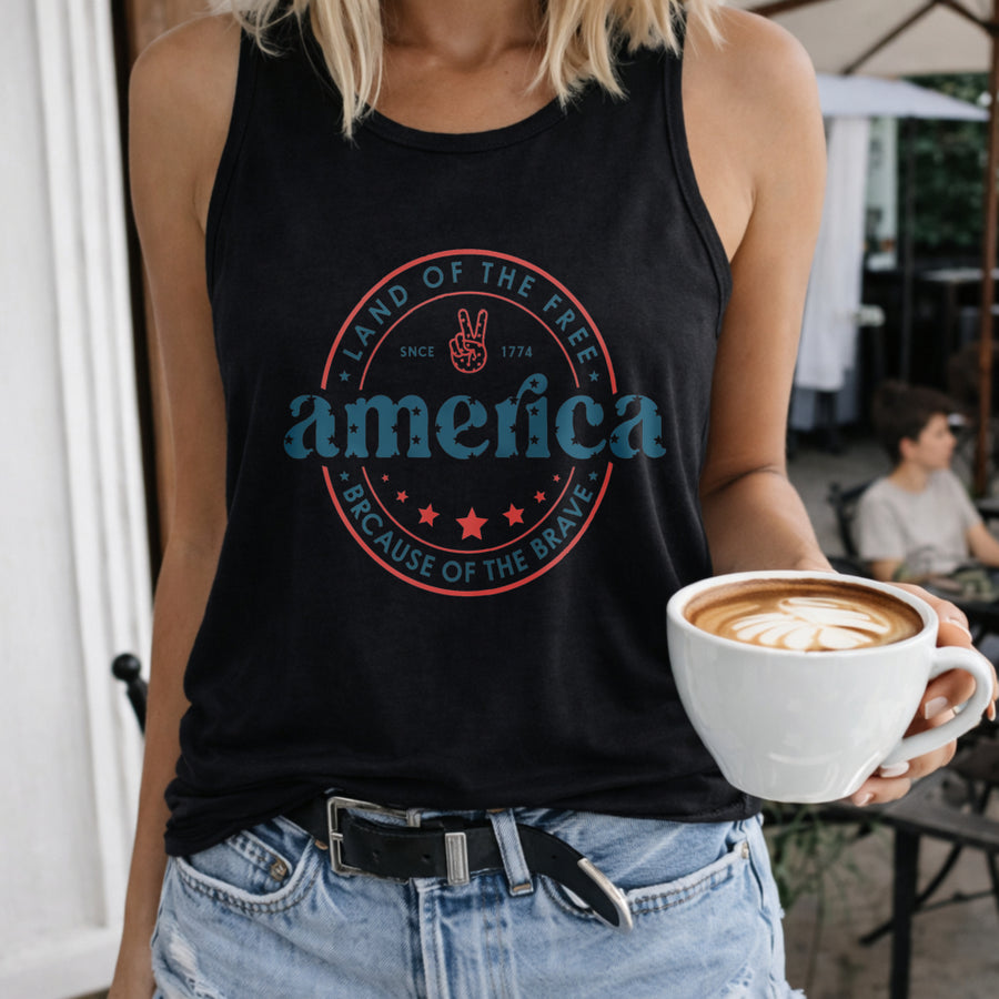 America Land of the Free Because of the Brave Women's Color Cotton Tank Top in Black