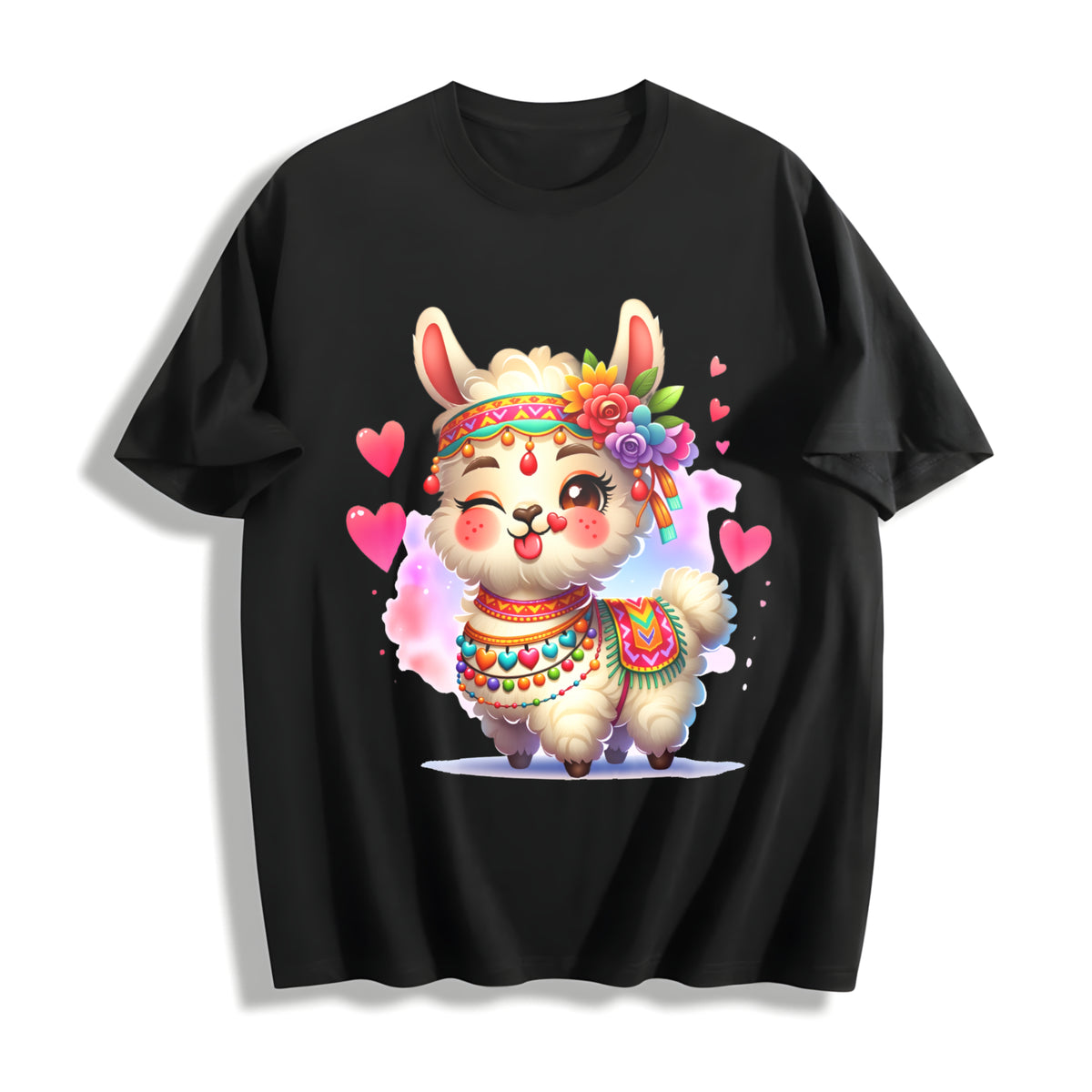 With Llama Hair Accent for Winter Cotton T-Shirt in Black