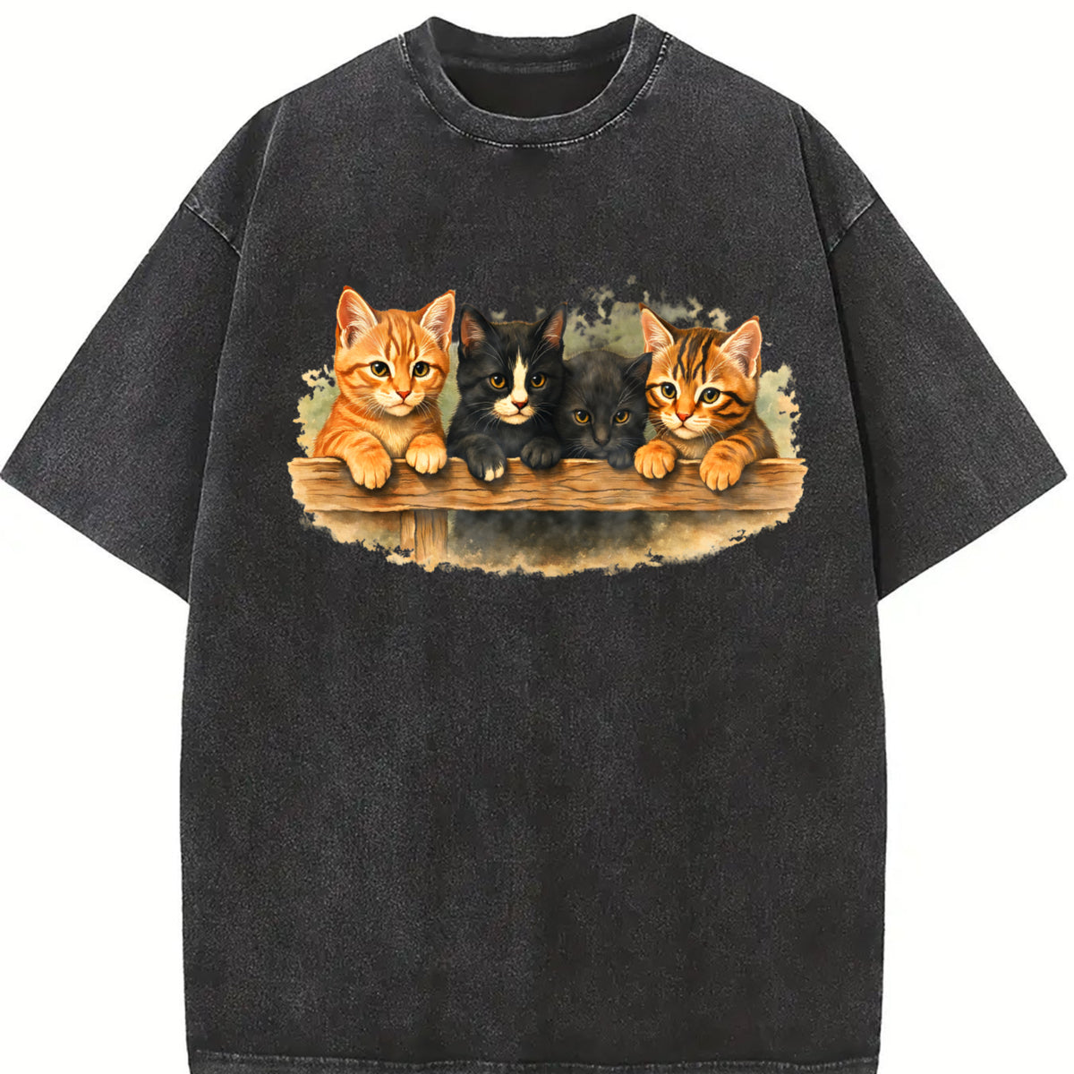 Cute Kitten Cat Lover Vintage Washed T-Shirt in Black