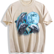Three Dolphin Retro Dolphin Moon Vintage Washed T-Shirt in Beige