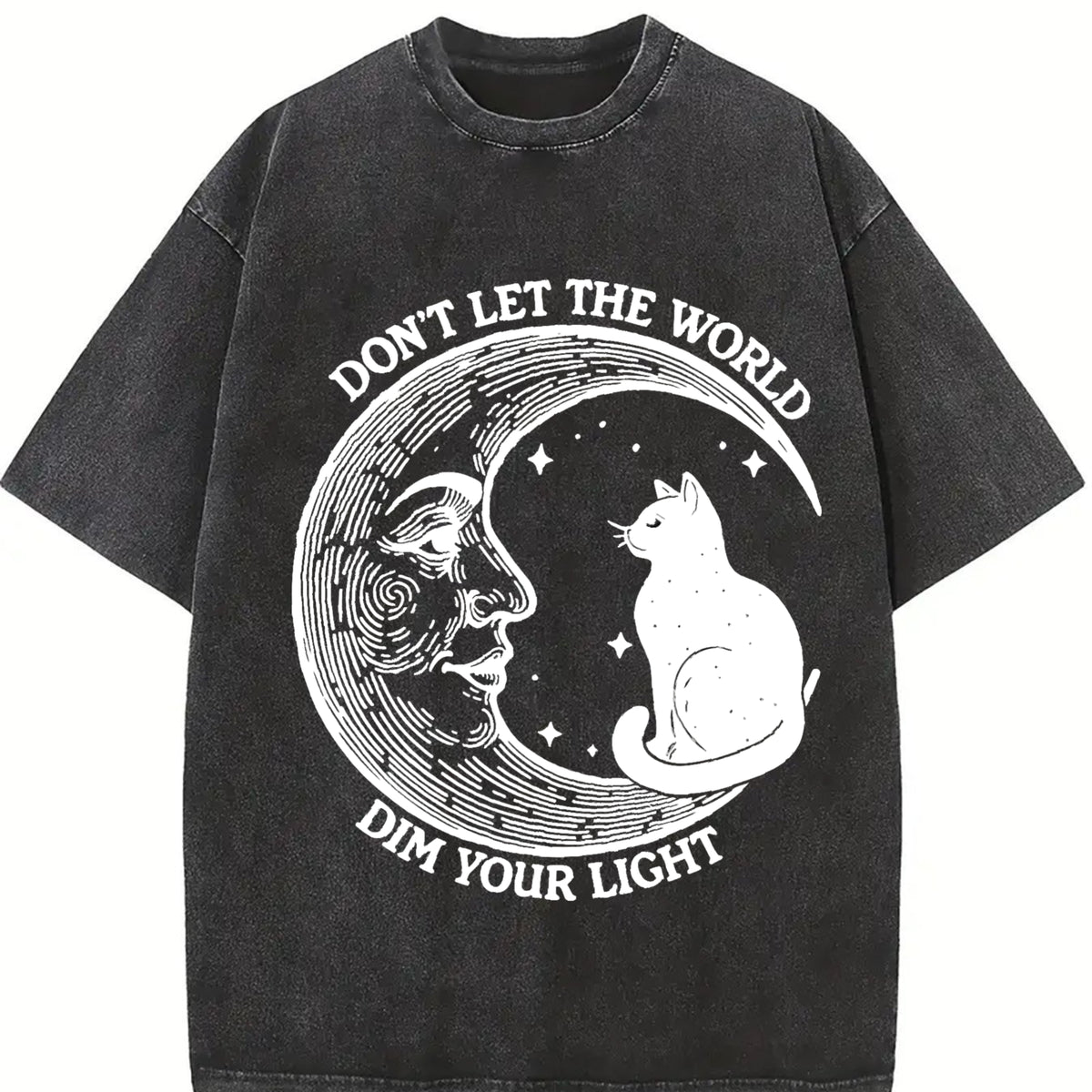 Don't Let the World Dim Your Light Moon and Cat Vintage Washed T-Shirt in Black