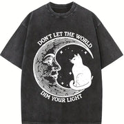 Don't Let the World Dim Your Light Moon and Cat Vintage Washed T-Shirt in Black