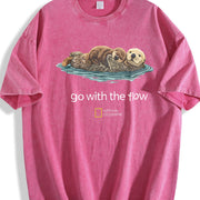 Cute Sea Otter Go with the Flow National Geographic Boxy Vintage Washed T-Shirt in Red