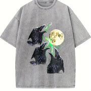 Raven Howling to Moon 90s Vintage Washed T-Shirt in Gray