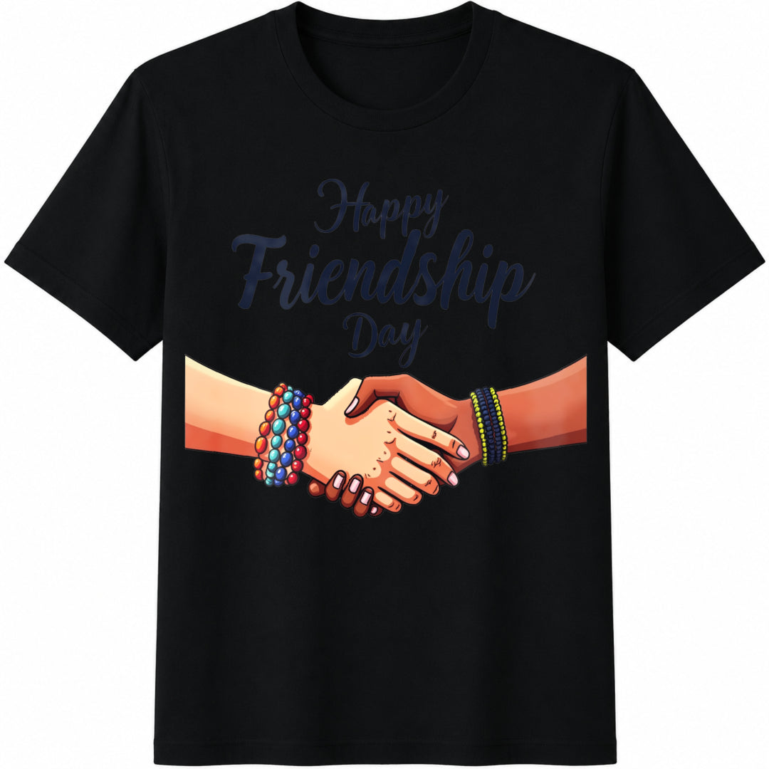 Happy Friendship Day Handshake Cotton T-Shirt in Black