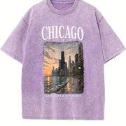 Chicago Illinois Windy City Travel Souvenir Urban Skyline Vintage Washed T-Shirt in Purple