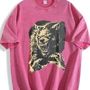 230gsm Werewolf Howling at the Moon Vintage Washed T-Shirt in Red