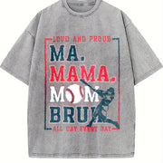 Loose 90S Retro MAMA Mommom BRU and Bat Vintage Washed T-Shirt in Gray