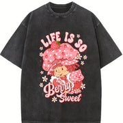 Have a Berry Nice Day Strawberry Retro Cartoon vintage washed oversized T-shirt in Black