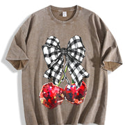 Blouse-compatible Cherry & Bow Vintage Washed T-Shirt in Brown