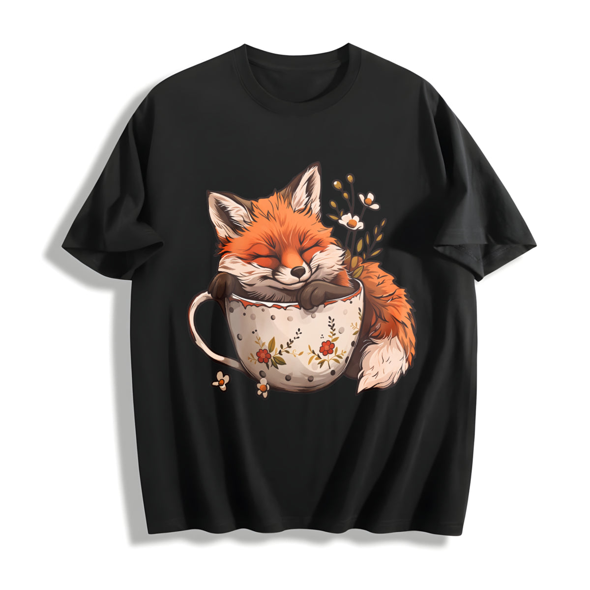 Winter: Little Fox Curled Up in a Floral Teacup Cotton T-Shirt in Black