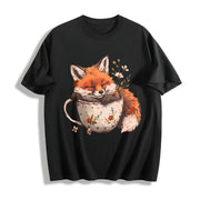Winter: Little Fox Curled Up in a Floral Teacup Cotton T-Shirt in Black