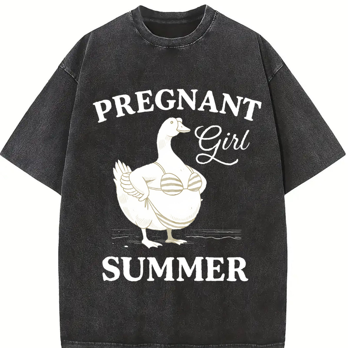 Pregnant Girl Bikini Goose Parody Meme Boxy DTG Vintage Washed T-Shirt in Black