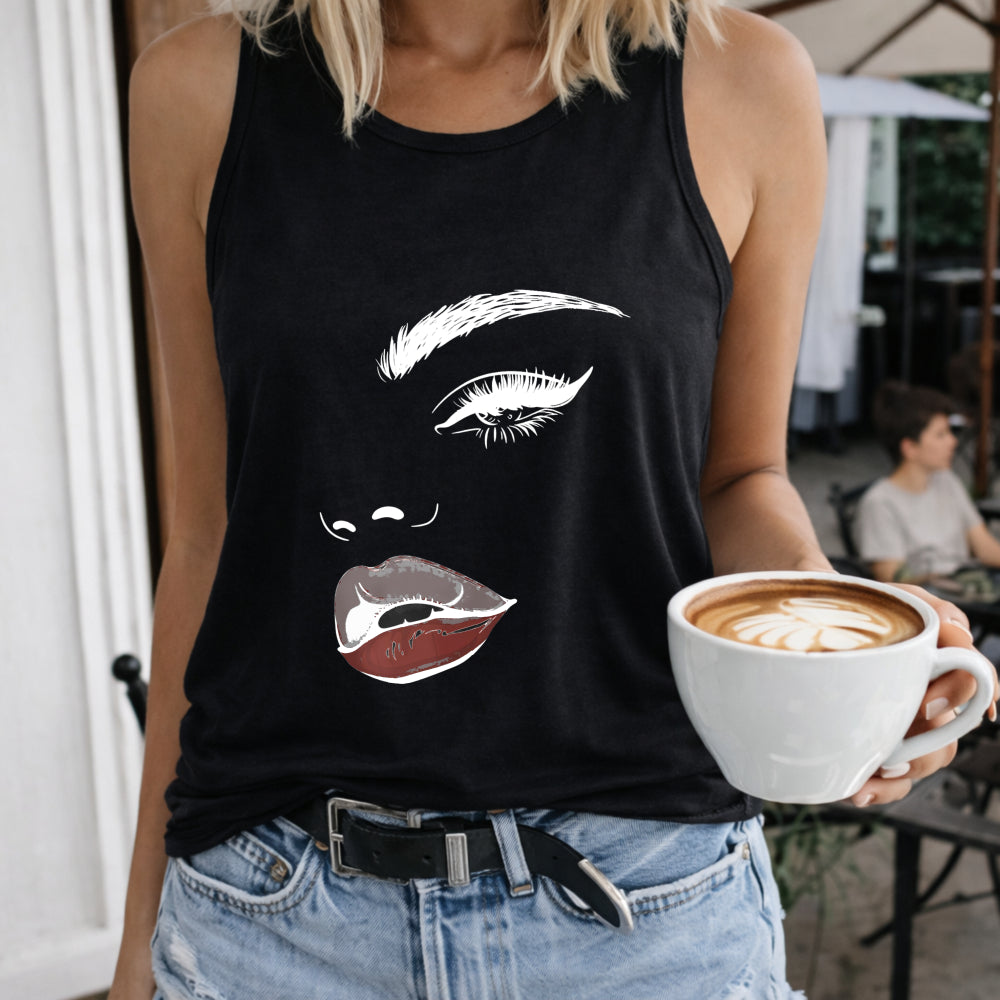 Glam Face Women's Color Cotton Tank Top in Black