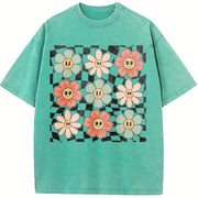 Retro Checkered Flower Vintage Washed T-Shirt in Blue