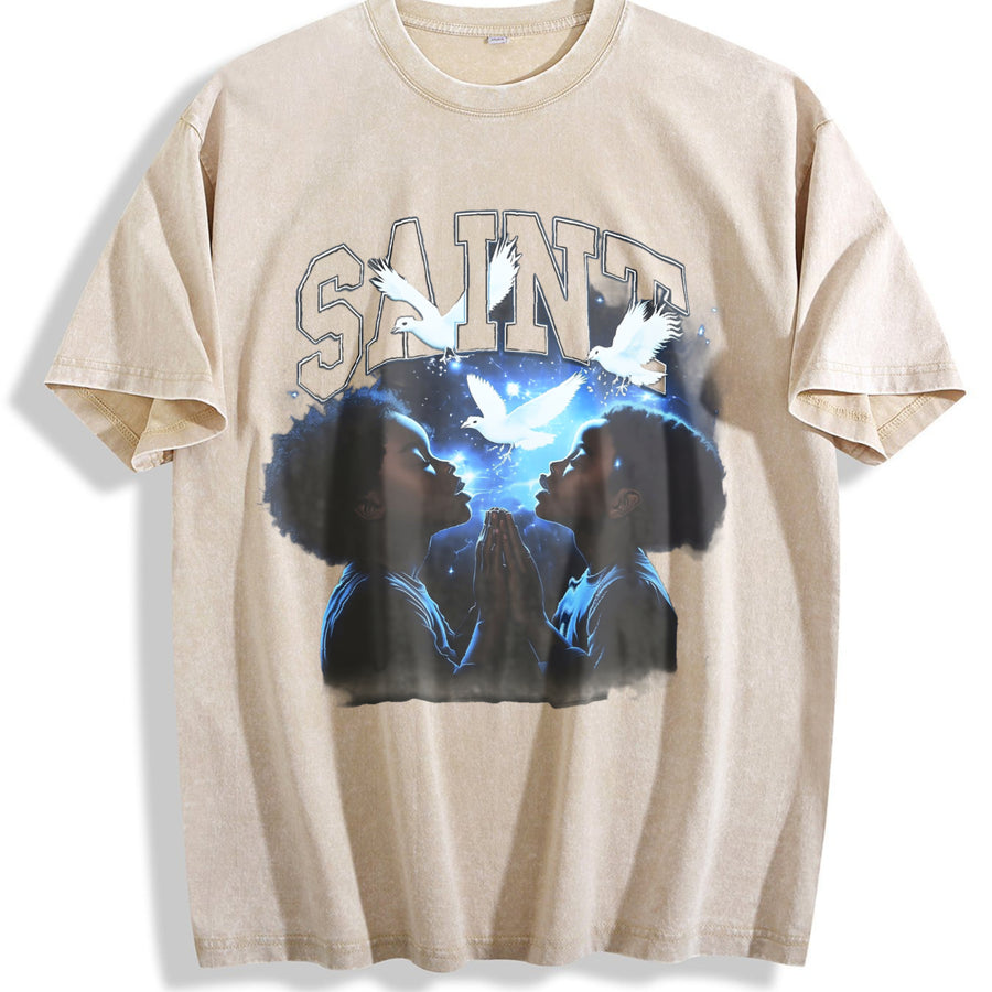 Saint Kids & Dove Religious Vintage Washed T-Shirt in Beige