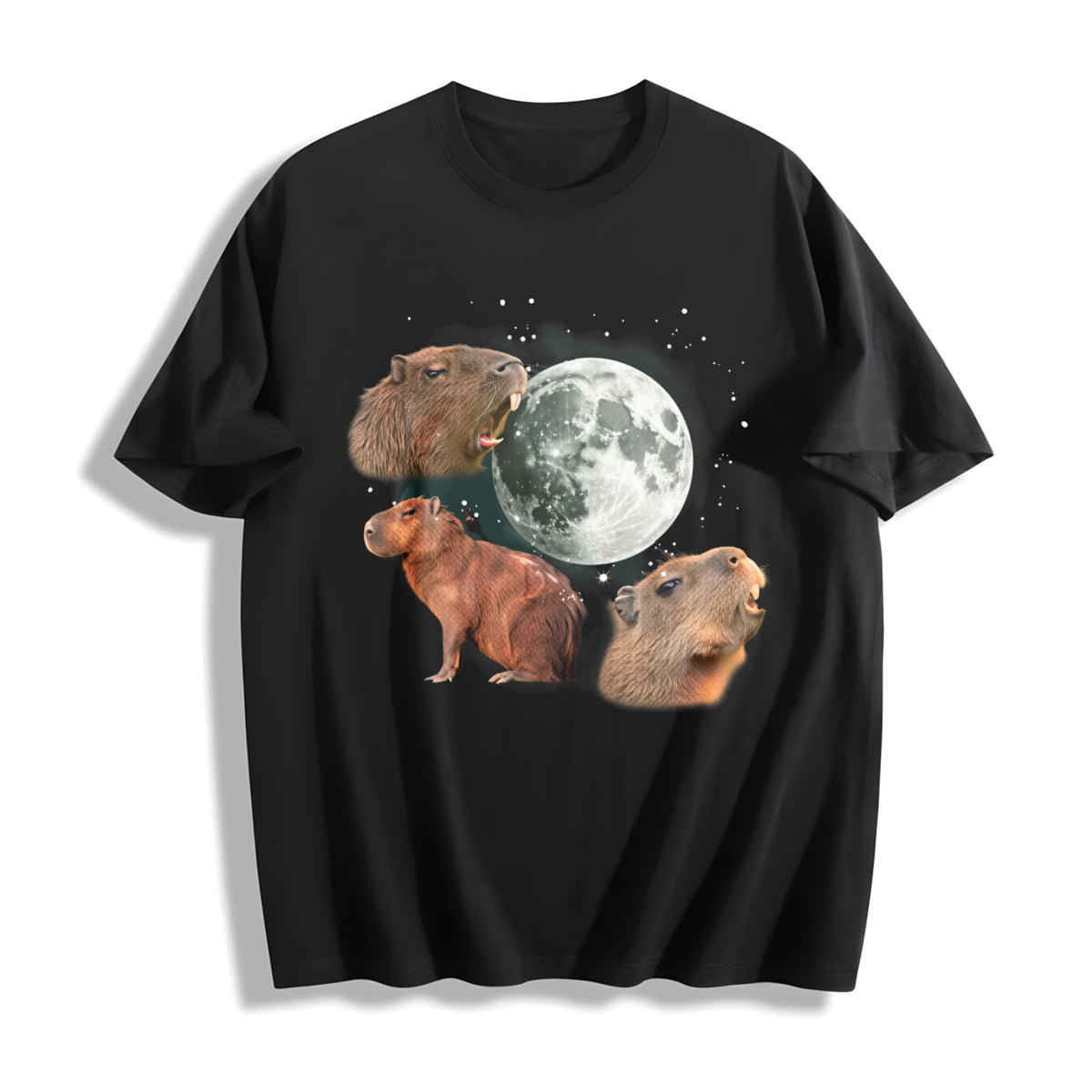Capybara Moon Retro Meme Moon Cotton T-Shirt in Black
