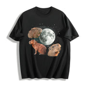 Capybara Moon Retro Meme Moon Cotton T-Shirt in Black